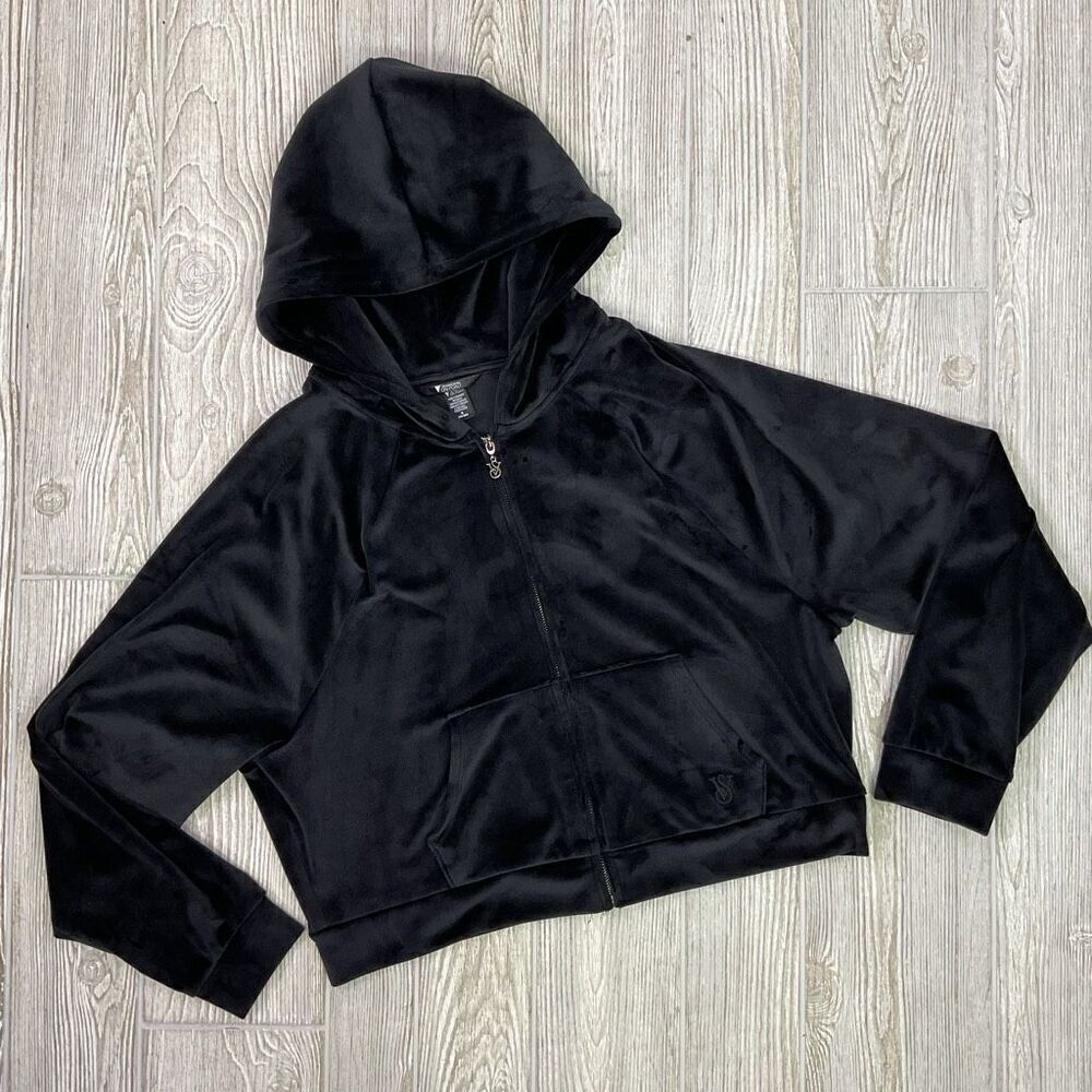Victoria's Secret Women's Medium Black Velvet Velour Cropped Hooded Jacket Coat